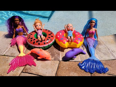 Mermaids ! Elsa &amp; Anna toddlers - Barbie dolls - pool fun - floaties - water fun