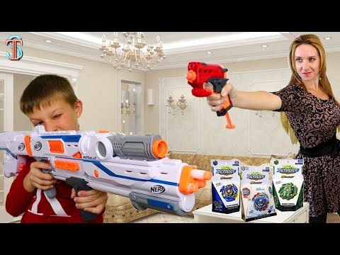 Nerf Челлендж Тима играет против мамы за новые игрушки Бейблейд 4 сезон