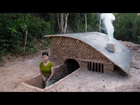 Building a DUGOUT Shelter with Fireplace from START TO FINISH | Plastic Roof & Wood Stove with Clay