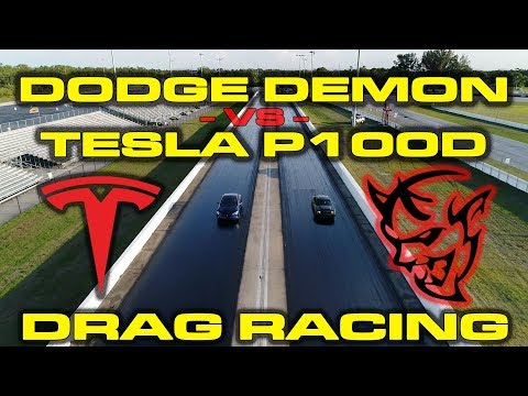 840HP Dodge Demon 1/4 Mile with Race ECU vs Tesla Model S P100D Drag Racing