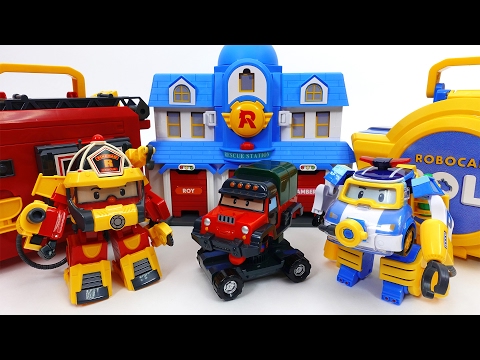 Thumbnail for Transforming Police Car Poli Fire Truck Roy Robocar Rescue Station & Transforming Base Playset