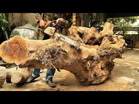 Thumbnail for Largest Rustic Monolithic Table From Old Rare Giant Tree Stump // Extremely Heavy Woodworking Skills