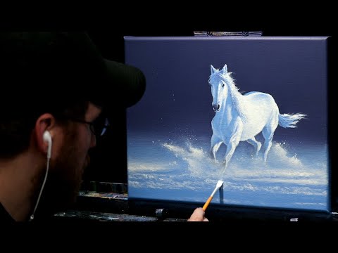 Thumbnail for Acrylic Wildlife Painting of a White Horse in Snow - Time Lapse - Artist Timothy Stanford