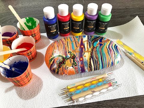 #111 Outdoor Acrylics pour and dotting art on a rock