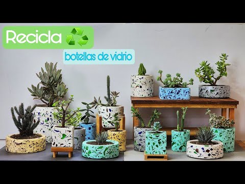 Como hacer MACETAS DE CEMENTO con VIDRIO ROTO ♻️